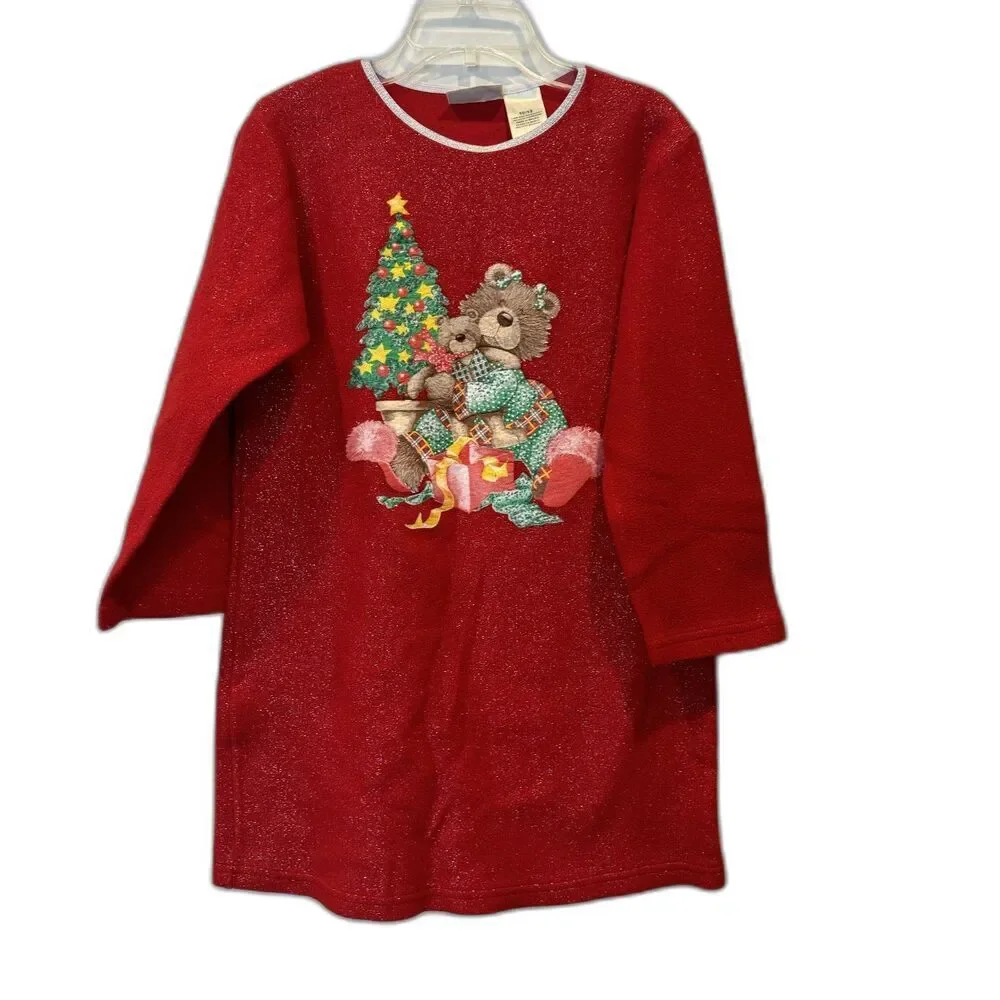 Vintage Christmas Nightgown Teddy Bear Fleece Red Sparkle Y2K Pjs Girls 10/12